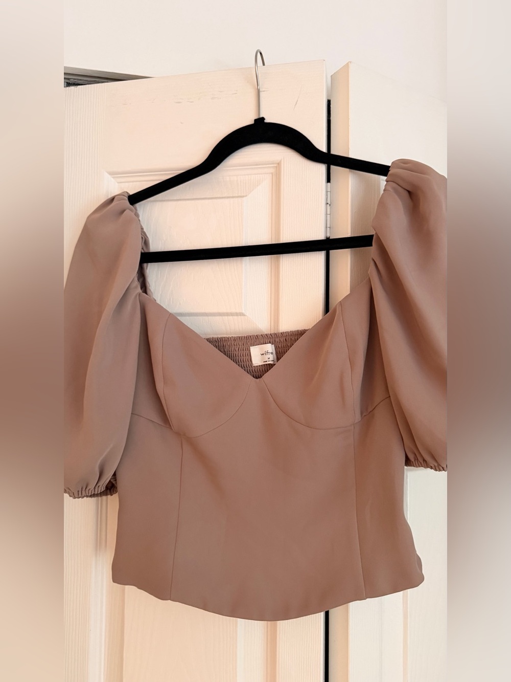 Aritzia Novella Taupe Puff-Sleeve Square Neck Top